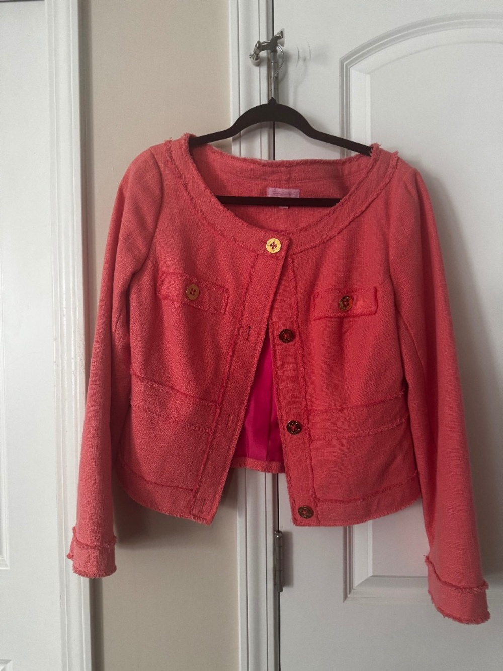 Lilly Pulitzer Millie Coral Tweed Jacket/ Blazer Frayed Trim Jacket Large